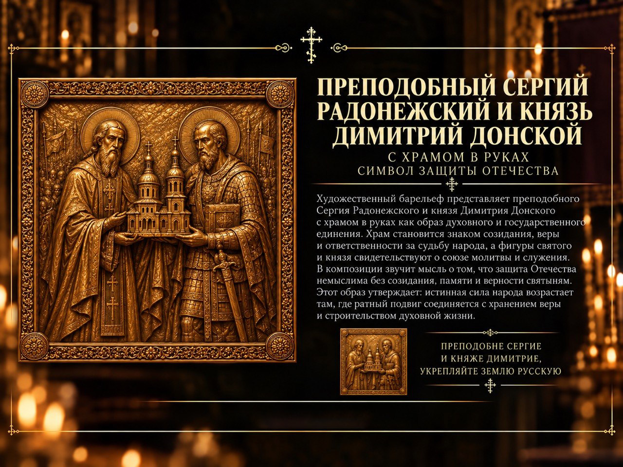 Преподобный Сергий Радонежский и князь Димитрий Донской — с храмом в руках — барельеф проекта Ника Мария